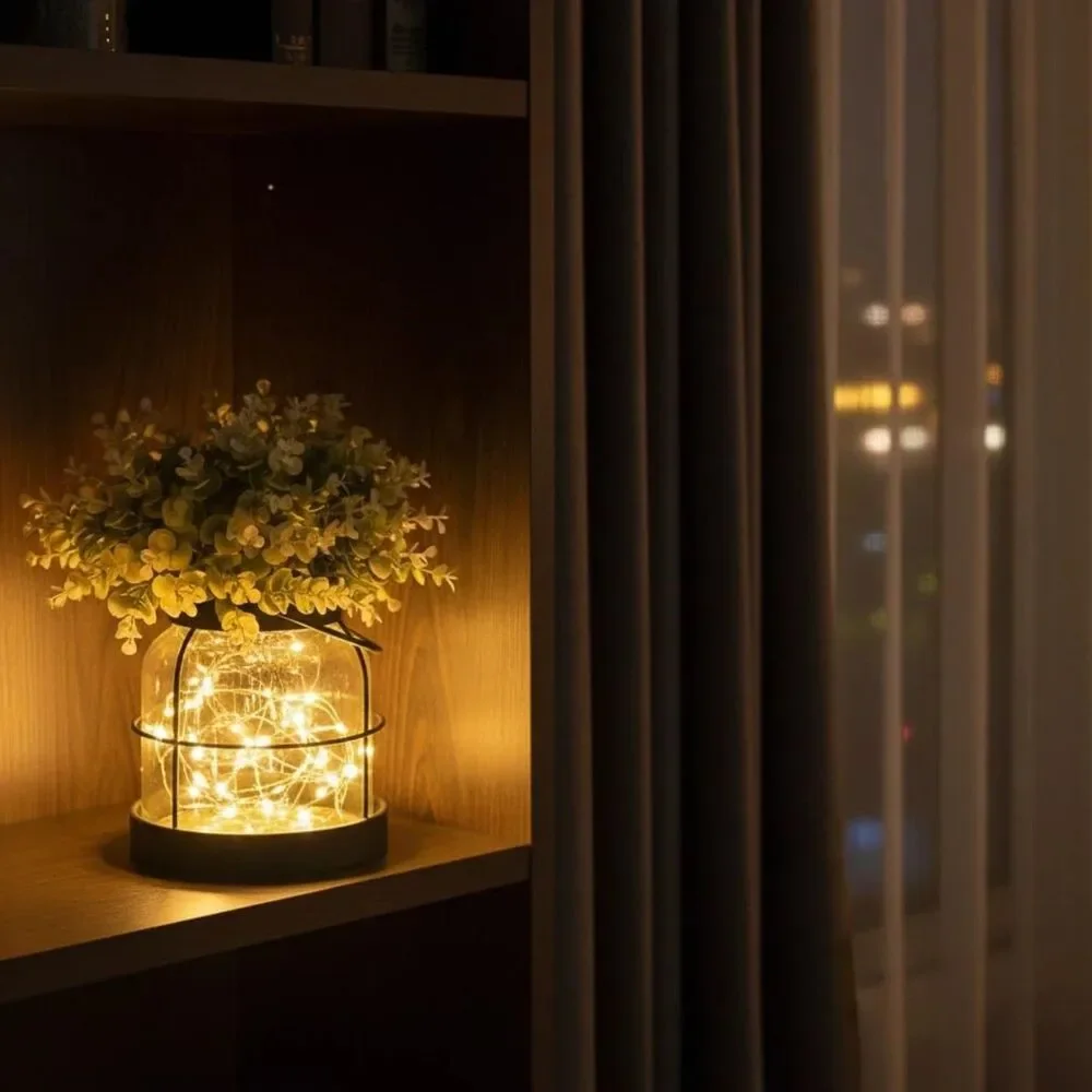 Handmade Rustic Lantern Planter With Artificial Flowers & LED Vintage Glass Vase